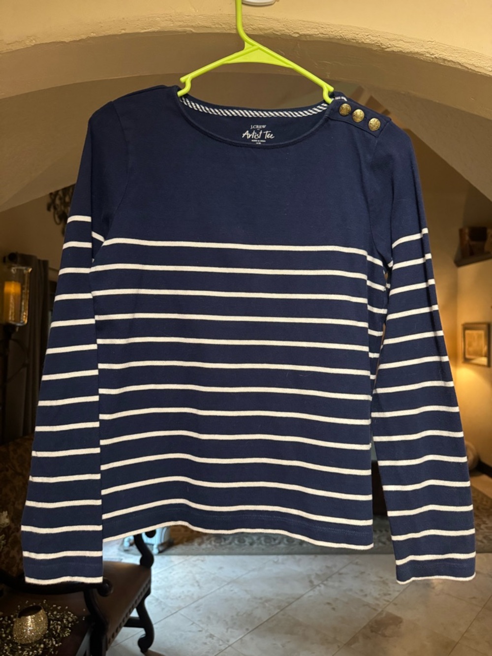 J. Crew Navy & White Striped Boatneck Top with Gold Buttons